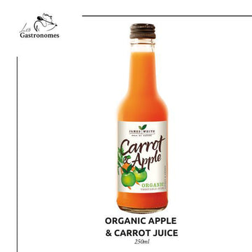 Fresh organic carrot and apple juice in 250 ml glass bottle, perfect for natural refreshment and health