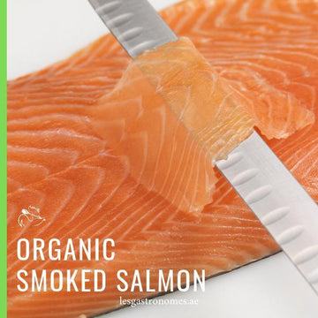 Organic smoked salmon long slice, 200g of fresh wild-caught fish, sustainably sourced, delicate texture with smoky flavor