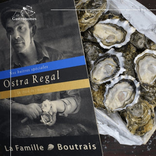 Fresh Ostra Regal No.2 oysters arranged neatly in a shell tray, premium seafood delicacy with 12 pieces ready to serve