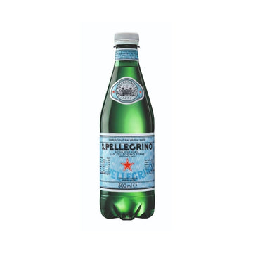 San Pellegrino sparkling water in 500ml PET bottles, pack of 24, showing the iconic red star logo and clear plastic packaging