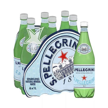 San Pellegrino sparkling mineral water pack of six 1-liter PET bottles showing refreshing natural carbonated beverage