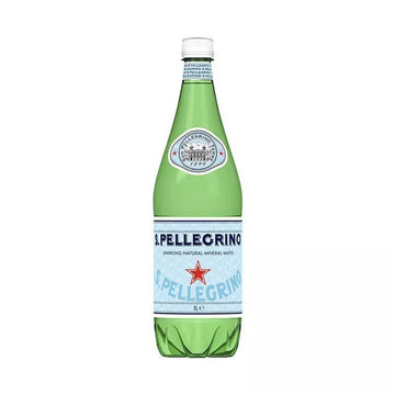 San Pellegrino sparkling mineral water in six 1-liter PET bottles, neatly arranged in a retail package for home delivery