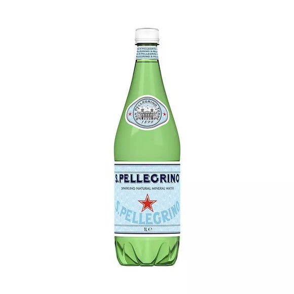 San Pellegrino sparkling mineral water in six 1-liter PET bottles, neatly arranged in a retail package for home delivery