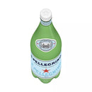 Sparkling San Pellegrino mineral water in 6 pack of 1L plastic PET bottles with iconic green labels, ready to serve