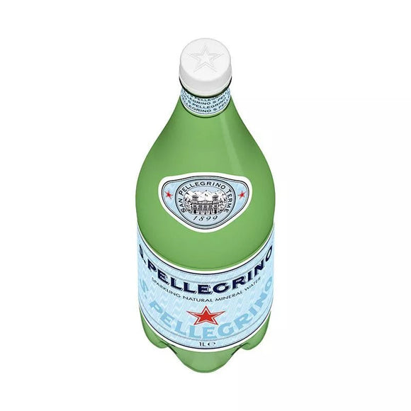 Sparkling San Pellegrino mineral water in 6 pack of 1L plastic PET bottles with iconic green labels, ready to serve