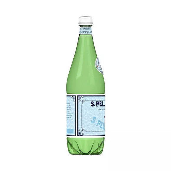 Sparkling San Pellegrino natural mineral water in 6 pack of 1 liter PET bottles with iconic branding and labels