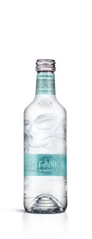 Bottle of Sant Aniol natural still mineral water in elegant glass packaging, 330ml size, part of 24-bottle case