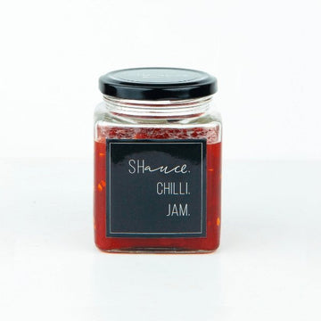The Chilli Jam Shauce in a glass jar, spicy sweet condiment, perfect for dipping and cooking, 200g size