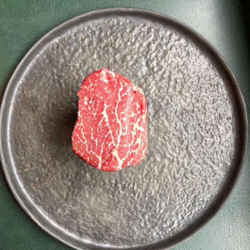 Wagyu fillet medallion marble score 4+ premium raw beef steak, 200g portion, rich marbling, ready to cook