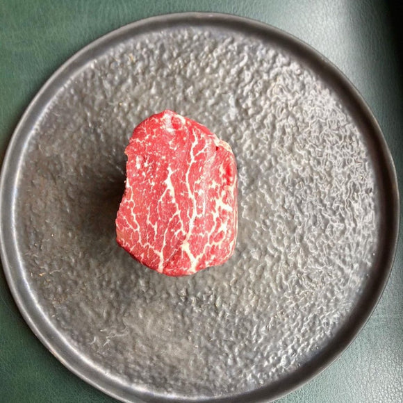 Wagyu fillet medallion marble score 4+ premium raw beef steak, 200g portion, rich marbling, ready to cook