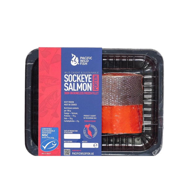 Wild sockeye salmon fillet with bright red color and moist texture, premium quality seafood, approximately 230g package